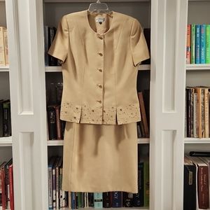 Vintage Kasper skirt set, tan, embroidered, size 12